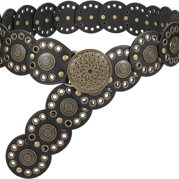 Western Belts for Women Vintage Disc Waist Belts Concho Leather Belts Boho Waist - Picture 1 of 7